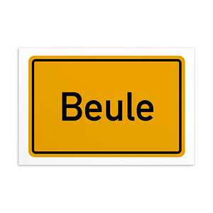 Ein gelbes Beule Postkarte-Schild mit dem Wort „Beule“.