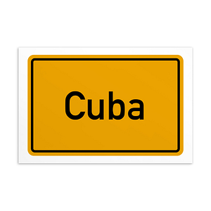 Ein gelbes Schild mit der Aufschrift „Cuba Postkarte“.