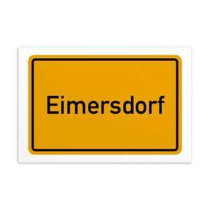 Ein Schild mit der Aufschrift Eimersdorf Postkarte in Gelb und Weiß.