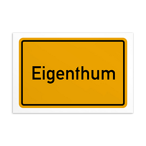 Eine gelb-schwarze Eigenthum-Postkarte mit dem Wort eigentum.