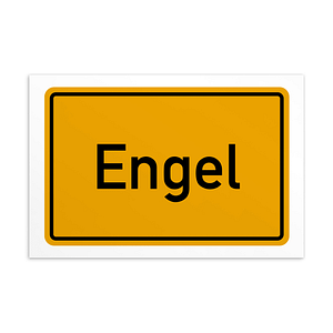 Eine gelbe Postkarte mit dem Bild eines Engels.