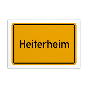 Ein Schild mit dem Wort Heiterheim-Postkarte in Gelb und Schwarz.