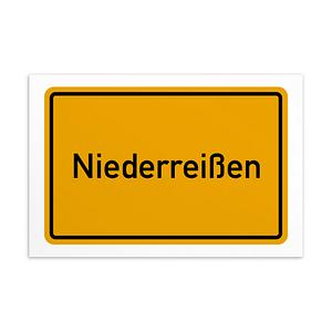 Ein Schild mit der Aufschrift „Niederreißen-Postkarte“ in Gelb und Schwarz.