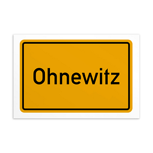 Eine gelb-schwarze Ohnewitz-Postkarte mit dem Wort Ohnwitz.