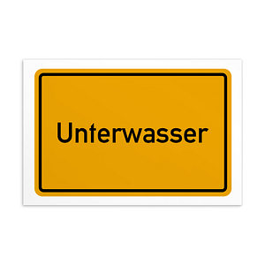 Ein Schild mit dem Wort Unterwasser-Postkarte in Gelb und Schwarz.