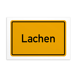 Ein gelb-weißes Lachen-Postkarte-Schild.