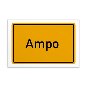 Ein Schild mit dem Text „Ampo-Postkarte“ in Gelb.