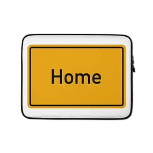 Eine gelbe Laptop-Tasche mit dem Wort „Home“ darauf.