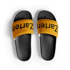 Ein Paar gelb-schwarze Damen-Schlappen mit dem Wort „seleu“, entworfen für SEO-Zwecke.