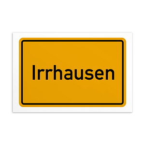 Eine gelb-schwarze Postkarte mit dem Wort Irrhausen.