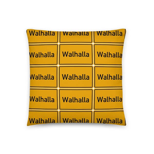 Ein gelbes Kissen mit dem Walhalla Basic-Kissen Logo.