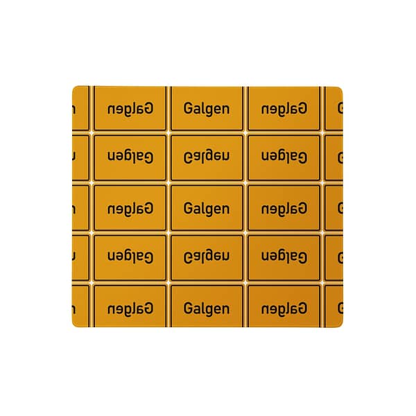 Ein gelb-schwarzes Gaming-Mauspad mit dem Wort „Gen“ und der Marke Galgen.