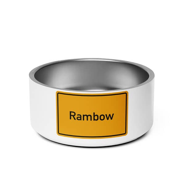 Ein Rambow-Futternapf mit Regenbogenmotiv und dem Wort „Regenbogen“.