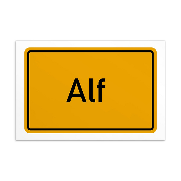Ein gelbes Verkehrsschild mit der Aufschrift Alf Standard-Postkarte.