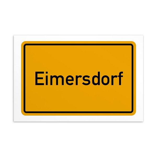 Ein Schild mit der Aufschrift Eimersdorf Postkarte in Gelb und Weiß.