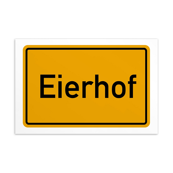 Eine gelb-schwarze Postkarte mit dem Wort „Eierhof“.