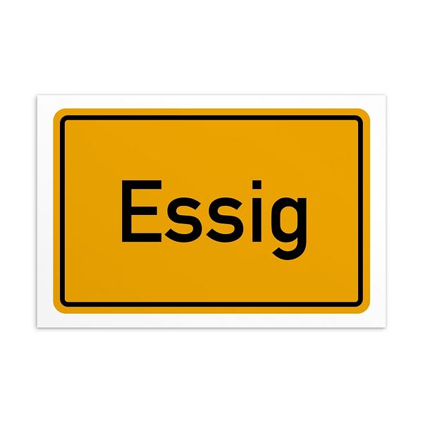 Ein Schild mit der Aufschrift „Essig-Postkarte“ auf gelbem Hintergrund.