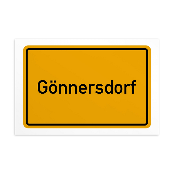 Eine lebendige Postkarte mit dem Wort „Gönnersdorf“ auf einem leuchtend gelben und schwarzen Design.