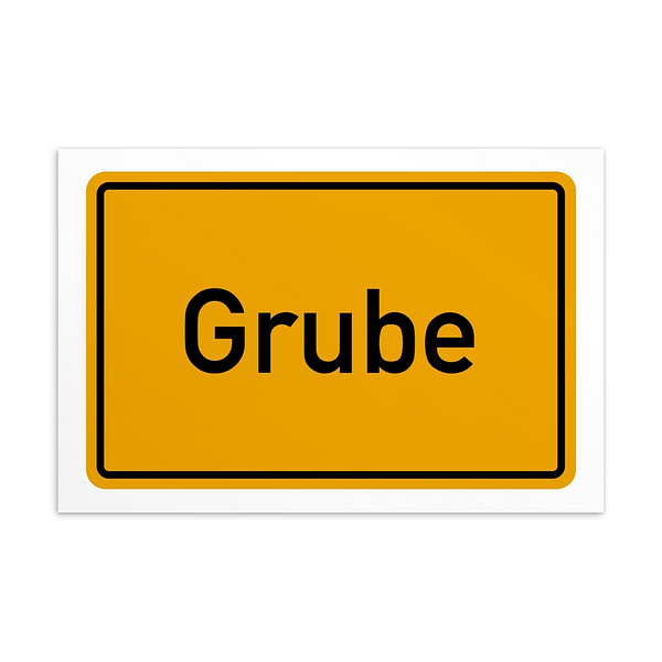 Ein Schild mit dem Wort Grube-Postkarte in Gelb und Schwarz.