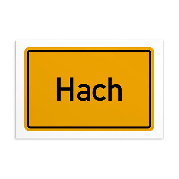 Ein Schild mit dem Wort Hach-Postkarte in Gelb und Schwarz.