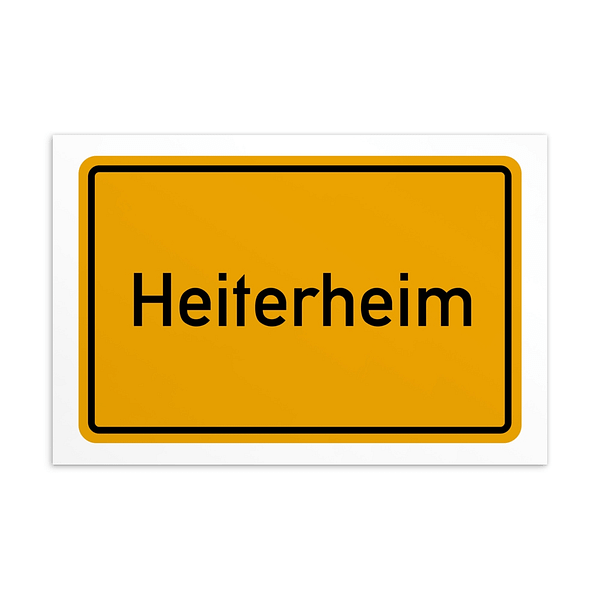 Ein Schild mit dem Wort Heiterheim-Postkarte in Gelb und Schwarz.