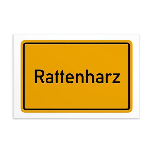 Ein Schild mit der Aufschrift „Rattenharz-Postkarte“.