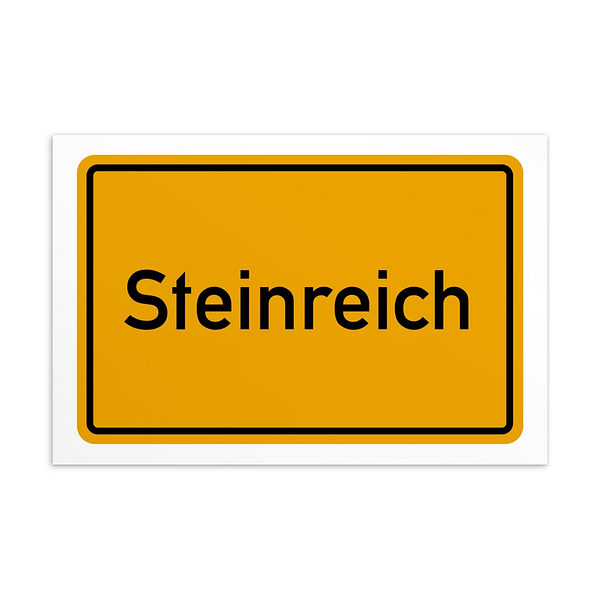 Ein Schild mit dem Wort Steinreich-Postkarte in Gelb und Schwarz.