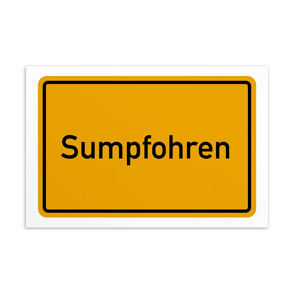 Ein Schild mit der Aufschrift Sumpfohren-Postkarte in Gelb und Schwarz.