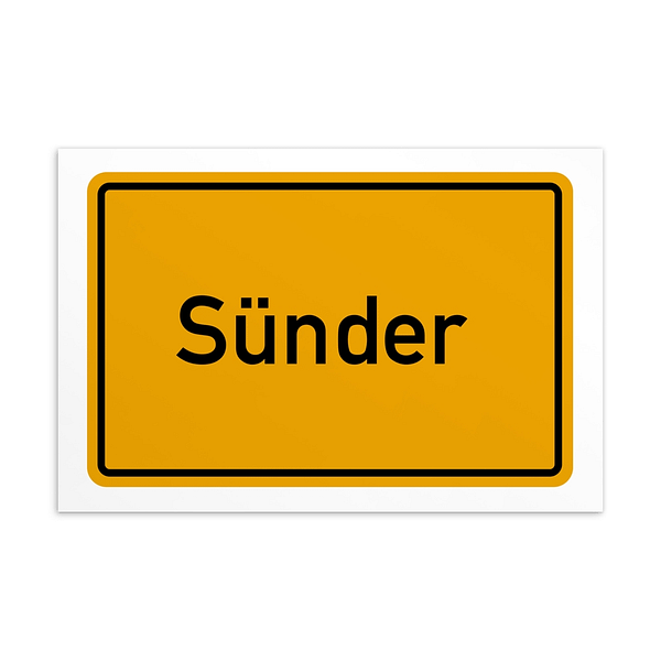 Ein Schild mit der Aufschrift „Sünder-Postkarte“ in kräftigem Gelb und Schwarz.