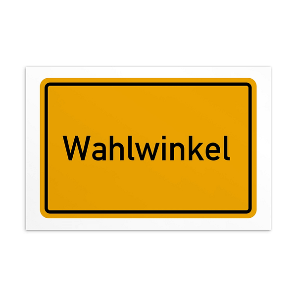 Ein Schild mit dem Wort Wahlwinkel-Postkarte in Gelb und Schwarz.