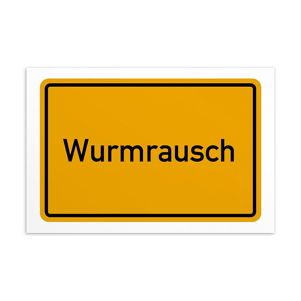 Ein Schild mit dem ikonischen Wurmrausch-Postkarten-Design in Gelb und Schwarz.