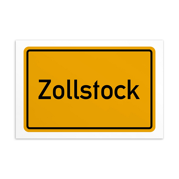 Ein leuchtend gelbes Schild mit der Zollstock-Postkarte.