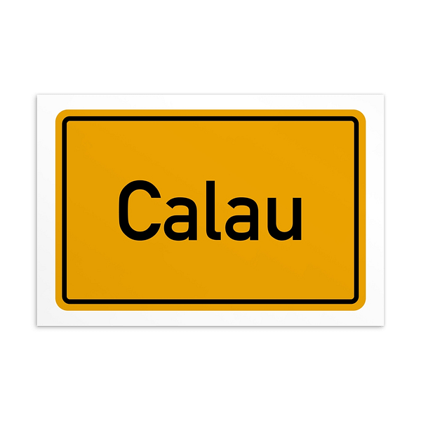 Eine Calau-Postkarte mit dem Wort „caau“ auf gelb-schwarzem Hintergrund.