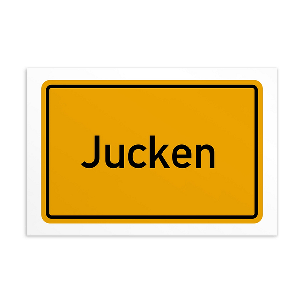Ein Straßenschild mit der Jucken-Postkarte.