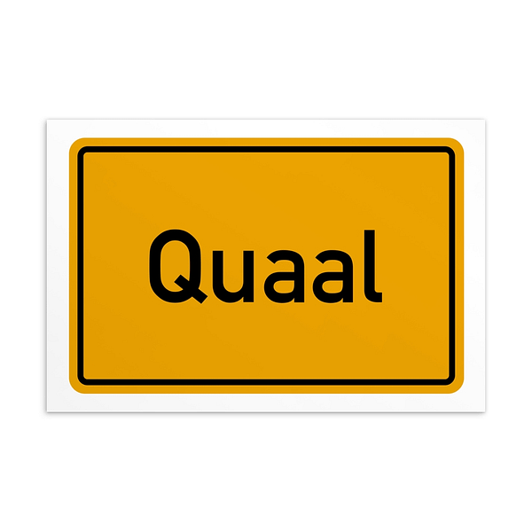 Eine Quaal-Postkarte mit dem Wort „Quaal“ auf gelbem Hintergrund.