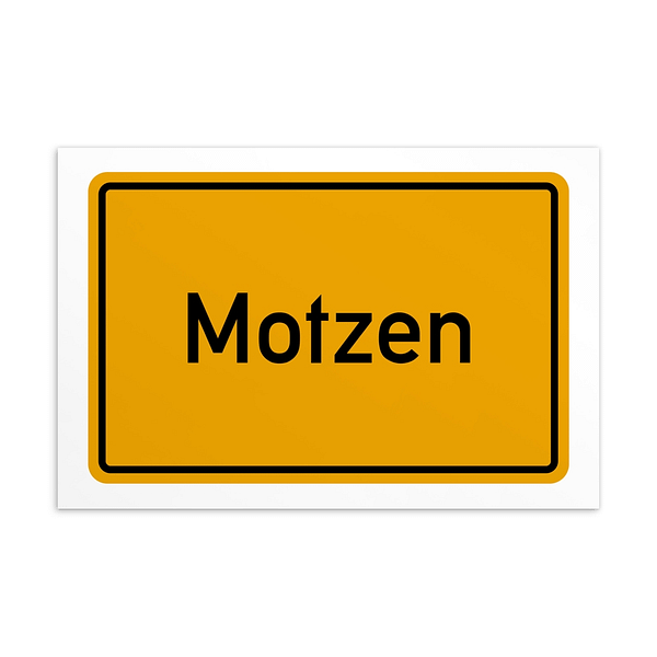 Ein Schild mit der Aufschrift Motzen-Postkarte in Gelb und Schwarz.