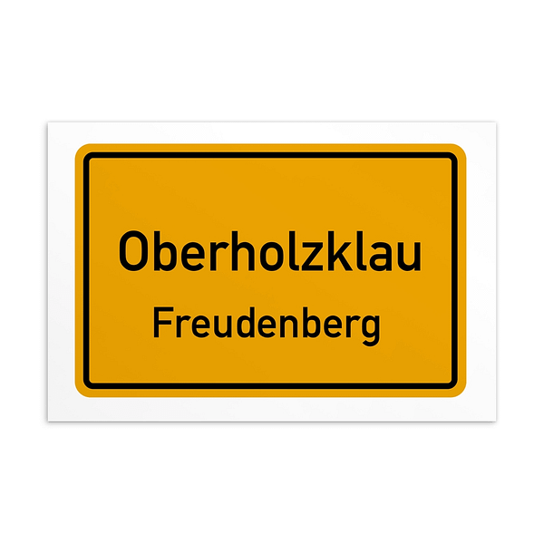 Ein gelbes Schild mit der Aufschrift Oberholzklau-Postkarte.