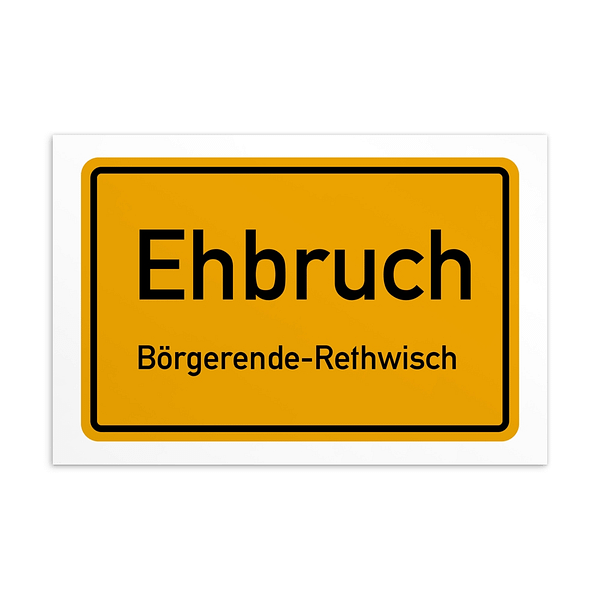 Eine gelbe Ehbruch-Postkarte mit dem Wort „ehbruch“.