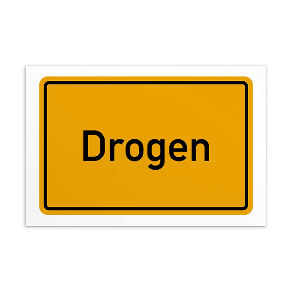 Eine gelb-weiße Dorgen-Postkarte mit dem Wort drogen.