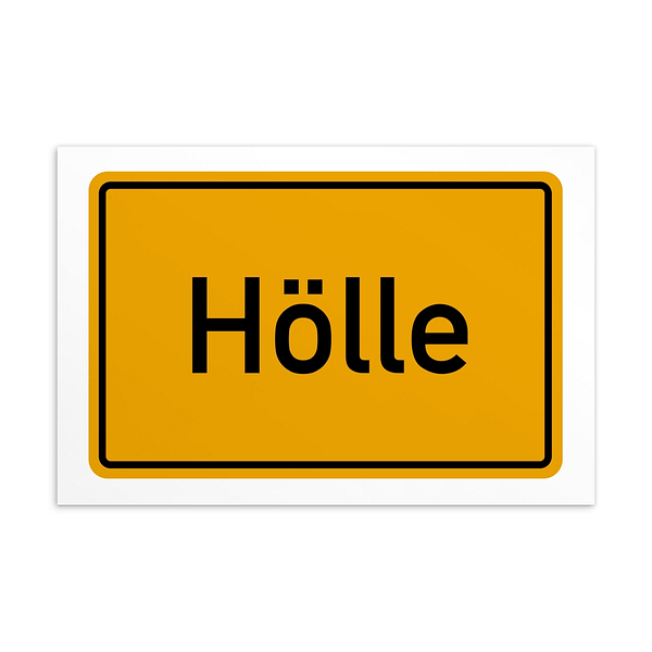 Ein Schild mit dem Wort „Hölle-Postkarte“ in Gelb und Weiß.
