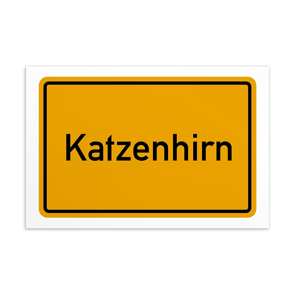 Ein Schild mit dem Wort Katzenhirn-Postkarte in Gelb und Schwarz.
