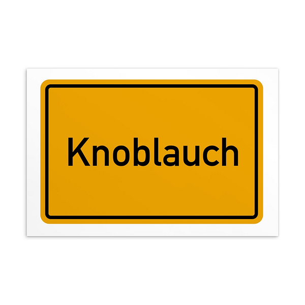 Ein Schild mit dem Wort Knoblauch-Postkarte in Gelb und Schwarz.