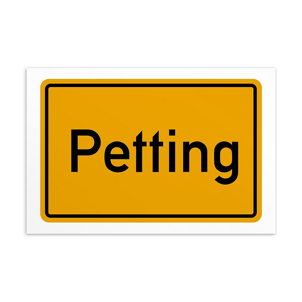 Ein Schild mit der Aufschrift Petting-Postkarte in Gelb.