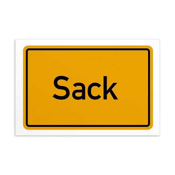 Ein gelbes Schild mit der Aufschrift „Sack-Postkarte“.