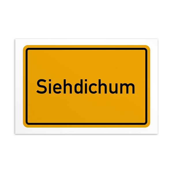 Ein Schild mit dem Wort „Siehdichum-Postkarte“ in Gelb und Schwarz.