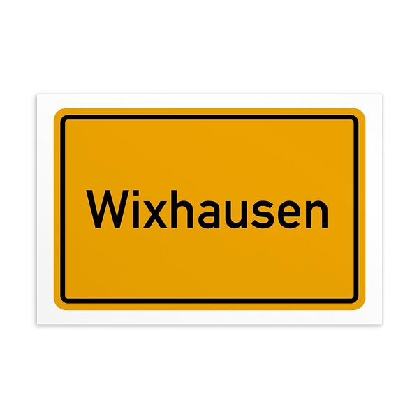 Eine gelb-schwarze Wixhausen-Postkarte mit dem Wort Wixhausen an prominenter Stelle.