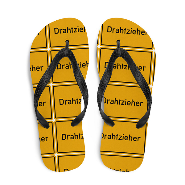 Ein Paar modische Drahtzieher-Flip-Flops mit dem Drazzler-Branding.