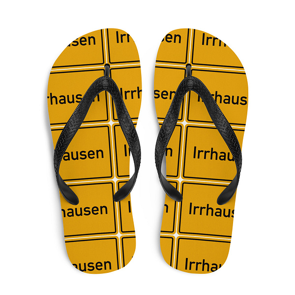 Flip-Flops der Marke Irrhausen mit dem Wort Irrhausen auf ihrem Design.