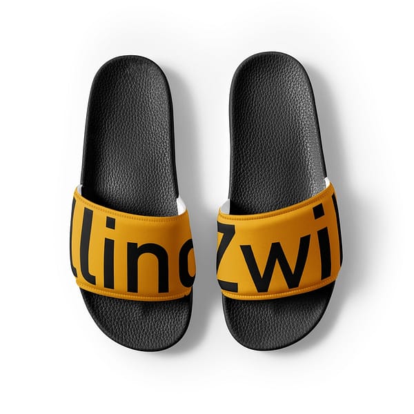 Ein Paar gelbe und schwarze Zwilling Damen-Schlappen-Sandalen.