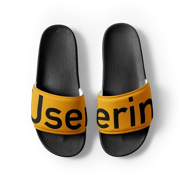 Ein Paar gelb-schwarze Sandalen mit dem Wort jeserin, entworfen als Userin Damen-Schlappen.